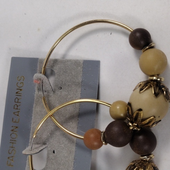 Boho Beaded Hoop Earrings – Natural Wood Look Beads, Gold-Tone Wire – Jewelry #2 - Picture 7 of 7